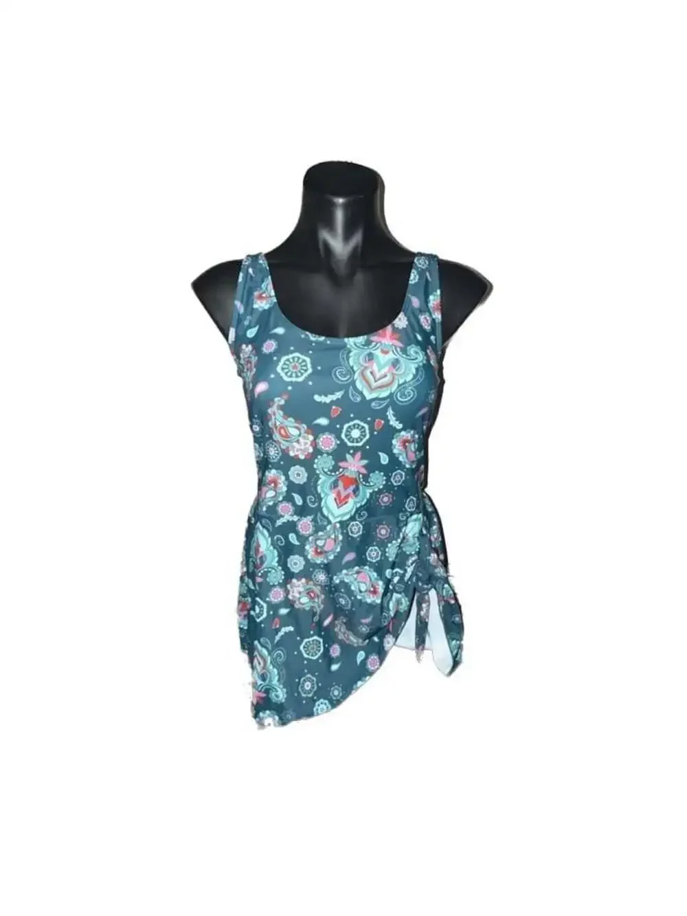 Women's Paisley Print One-Piece Swim Dress with Side Knot and Irregular Hem